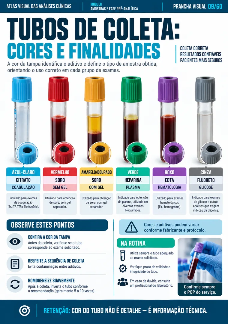 Prancha sobre tubos de coleta, cores e finalidades
