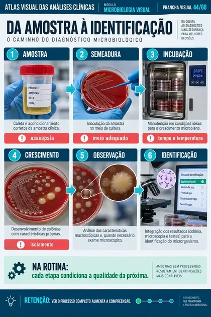 Prancha visual mostrando o caminho da amostra à identificação microbiológica
