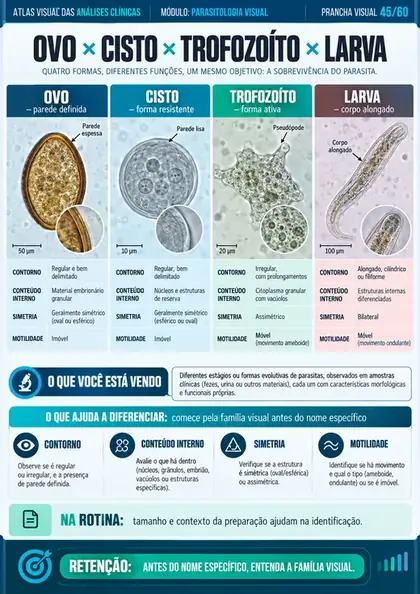 Prancha visual comparando ovo, cisto, trofozoíto e larva