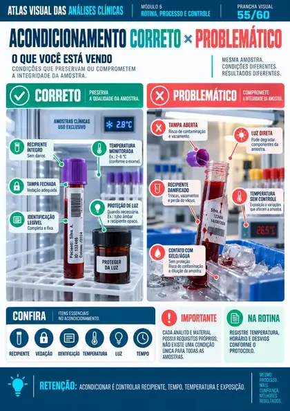 Prancha visual comparando acondicionamento correto e problemático