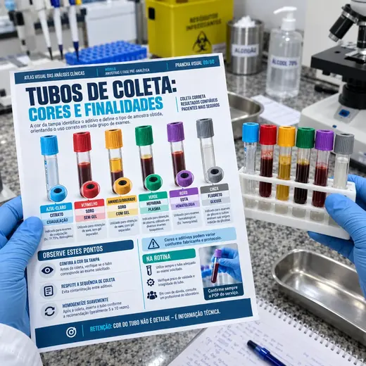 Prancha de tubos de coleta consultada em bancada laboratorial