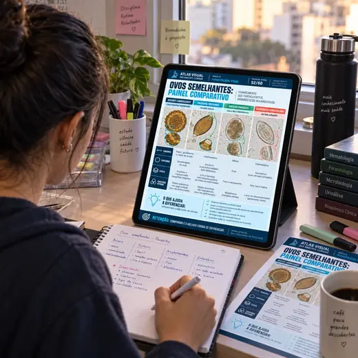 Estudante usando o Atlas no tablet e fazendo anotações