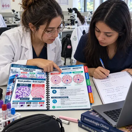 Duas estudantes revisando pranchas do Atlas em laboratório