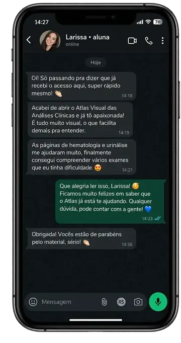 Depoimento de Larissa em modo escuro sobre o Atlas Visual das Análises Clínicas