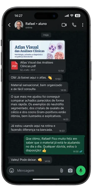 Depoimento no WhatsApp em modo escuro sobre consulta rápida do Atlas