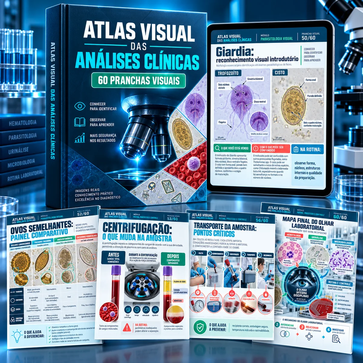 Mockup principal do Atlas Visual das Análises Clínicas com livro, tablet e pranchas visuais